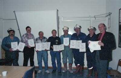 Olycksfria arbetsplatser inom gruv avdelningarna. Fr.v. Kjell Nordmark, Ove Sundström, Ingvar Martinsson, Bjarne Lindelöf, Ingvar Aspholm, Brynolf Apelqvist, Gunnar Bergman, Karl-Erik Rånman.