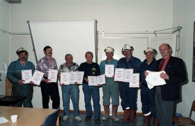 Olycksfria arbetsplatser inom gruv avdelningarna. Fr.v. Kjell Nordmark, Ove Sundström, Ingvar Martinsson, Bjarne Lindelöf, Ingvar Aspholm, Brynolf Apelqvist, Gunnar Bergman, Karl-Erik Rånman.