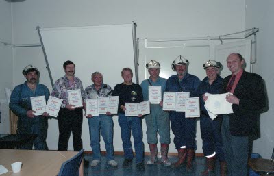 Olycksfria arbetsplatser inom gruv avdelningarna. Fr.v. Kjell Nordmark, Ove Sundström, Ingvar Martinsson, Bjarne Lindelöf, Ingvar Aspholm, Brynolf Apelqvist, Gunnar Bergman, Karl-Erik Rånman.
