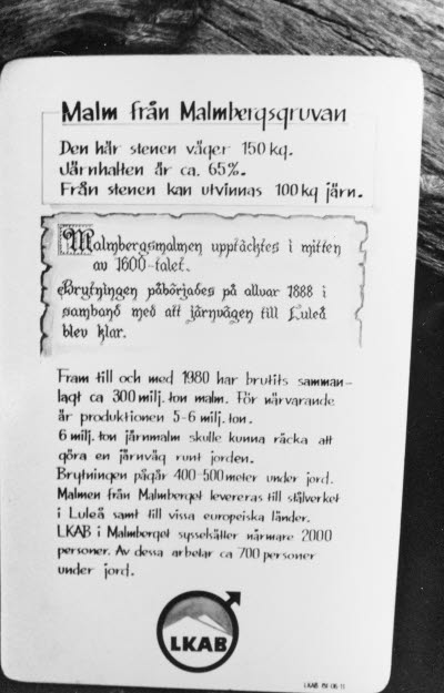 Anslag, information om stenblock; malm; malmbrytning. LKAB Malmberget.