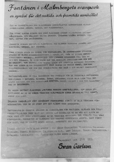Anslag; information om fontänen i Svanparken, Malmberget.