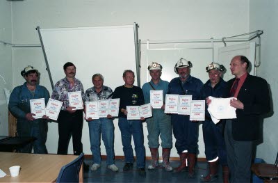 Olycksfria arbetsplatser inom gruv avdelningarna. Fr.v. Kjell Nordmark, Ove Sundström, Ingvar Martinsson, Bjarne Lindelöf, Ingvar Aspholm, Brynolf Apelqvist, Gunnar Bergman, Karl-Erik Rånman.