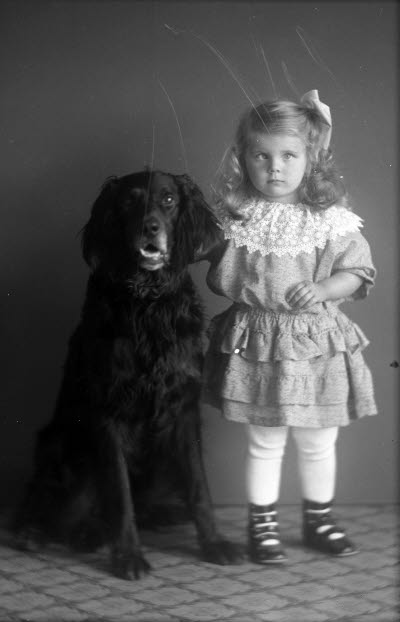 Porträtt av ett barn, flicka med hund. Ateljefoto.