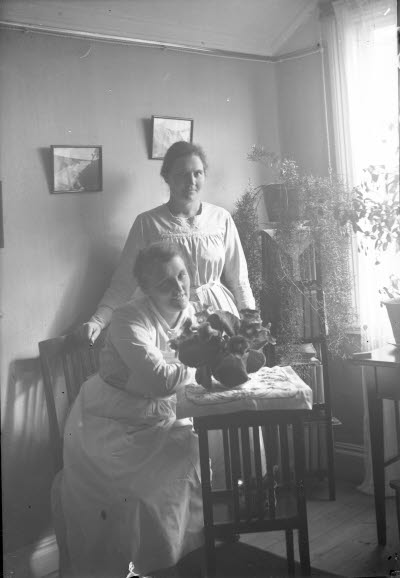 Två damer. Troligen sjukvårdspersonal. Hemmiljö; vardagsrum.