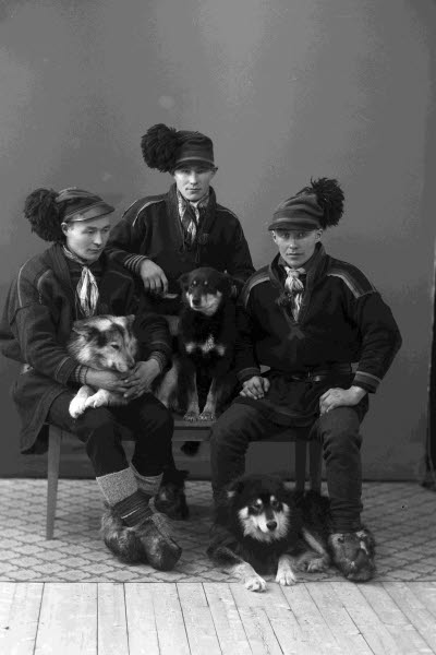 Porträtt av tre herrar i samedräkter och tre hundar. Ateljefoto.