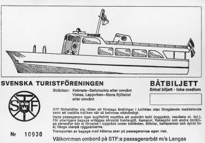 Båtbiljett STF:s passagerarbåt m/s Langas. Kebnats - Saltoluokta, Vietas, Lappviken - Stora Sjöfallet.