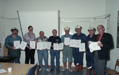 Olycksfria arbetsplatser inom gruv avdelningarna. Fr.v. Kjell Nordmark, Ove Sundström, Ingvar Martinsson, Bjarne Lindelöf, Ingvar Aspholm, Brynolf Apelqvist, Gunnar Bergman, Karl-Erik Rånman.