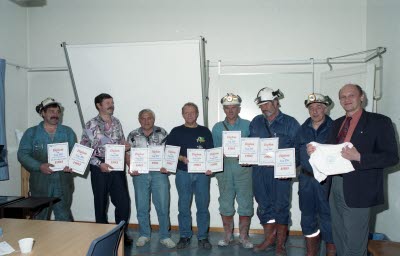 Olycksfria arbetsplatser inom gruv avdelningarna. Fr.v. Kjell Nordmark, Ove Sundström, Ingvar Martinsson, Bjarne Lindelöf, Ingvar Aspholm, Brynolf Apelqvist, Gunnar Bergman, Karl-Erik Rånman.